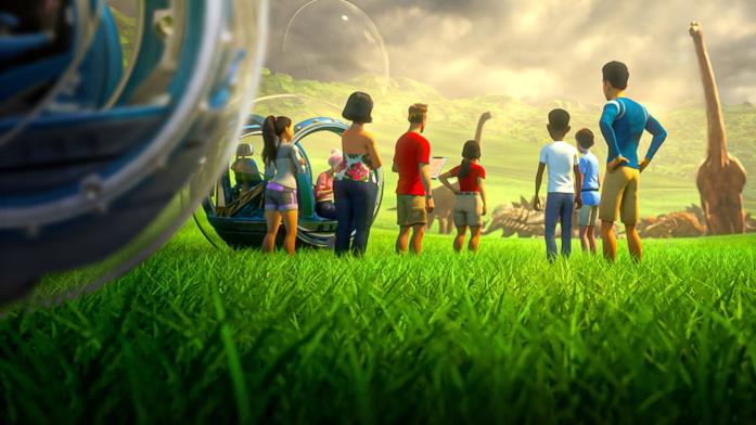 Un'immagine di Jurassic World Nuove Avventure con i protagonisti di spalle I protagonisti di spalle osservano un branco di Brachiosauri