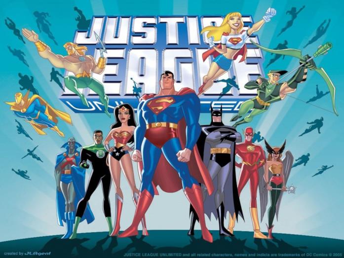 La Justice League assume connotati più adulti e seri, rispetto alla serie Super Friends I maggiori supereroi DC Comics raggruppati sotto il logo del titolo della seerie Justice League Unlimited