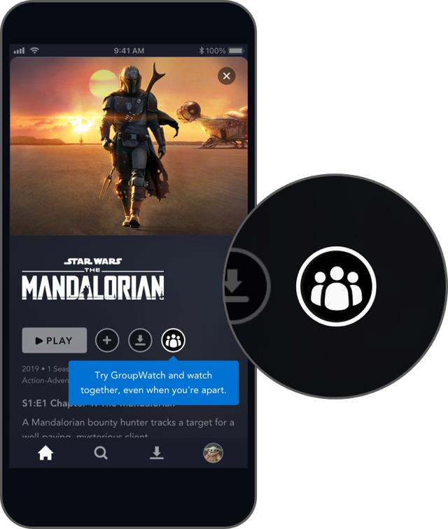 Su Disney+ arriva la funzione GroupWatch L'icona della funzione GroupWatch nella scheda di The Mandalorian su Disney+