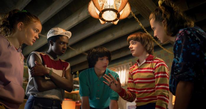 Sadie Sink, Caleb McLaughlin, Finn Wolfhard, Noah Schnapp e Millie Bobby Brown Max, Lucas, Mike, Will, Undici parlano nello scantinato di Mike
