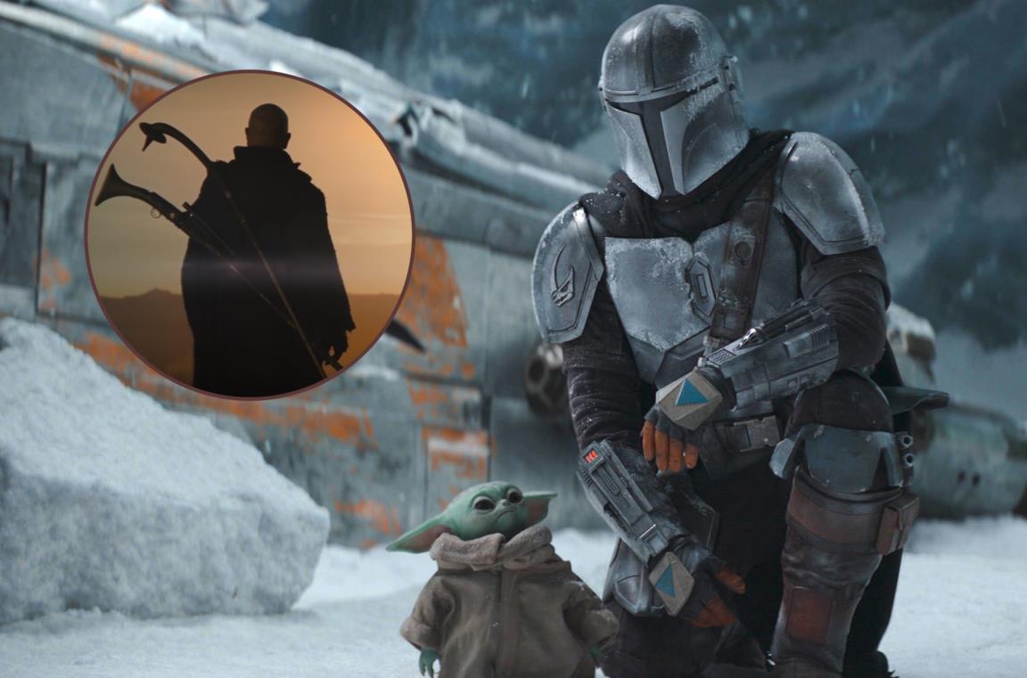 A destra Din Djarin e Baby Yoda, a sinistra Boba Fett di spalle