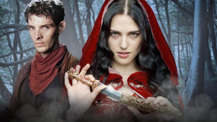 Merlino e Morgana rivali Primo piano di Katie McGrath e Colin Morgan