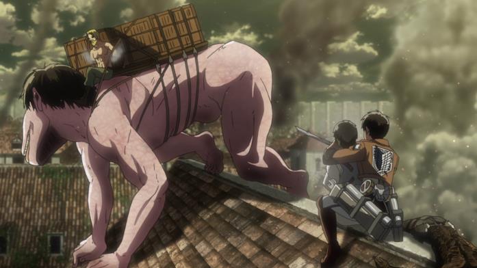 L'attacco dei giganti Zeke e il misterioso nuovo gigante a quattro zampe avvicinano Eren che tiene in ostaggio Berthold