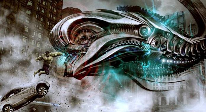 Hulk nei concept art di The Avengers Hulk dà un pugno a un Leviatano