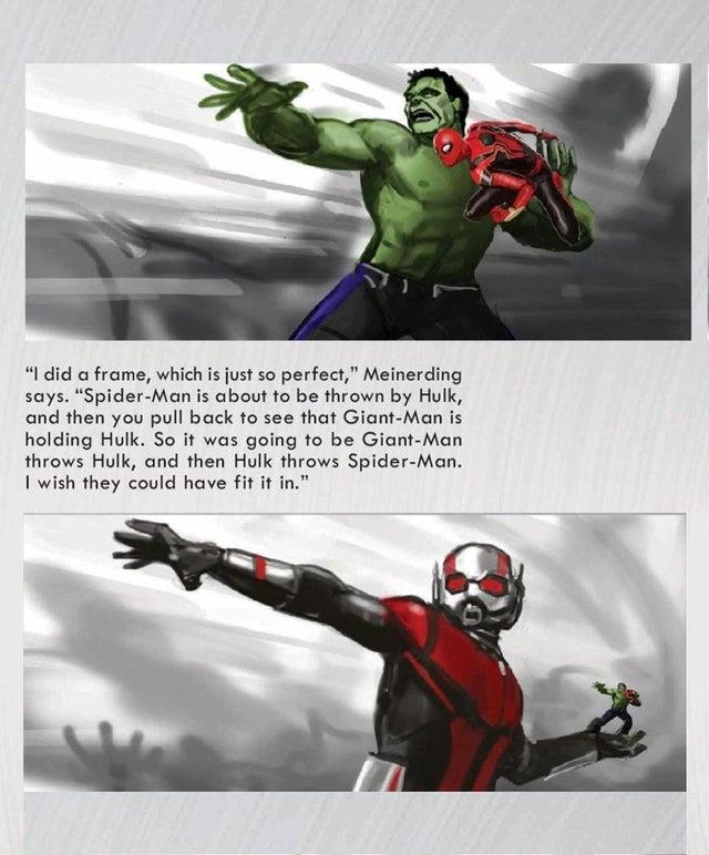 Una sequenza team up tagliata da Avengers: Endgame La concept art di Avengers: Endgame con Hulk, Spidey e Giant-Man