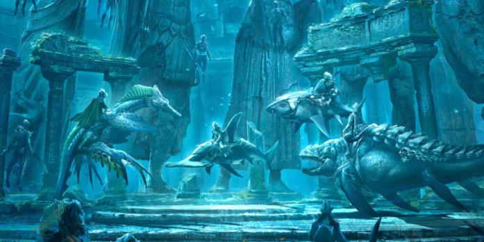 Atlantide è il regno sommerso di Aquaman Disegno di alcune rovine di Atlantide e alcuni suoi cittadini a cavallo di creature marine