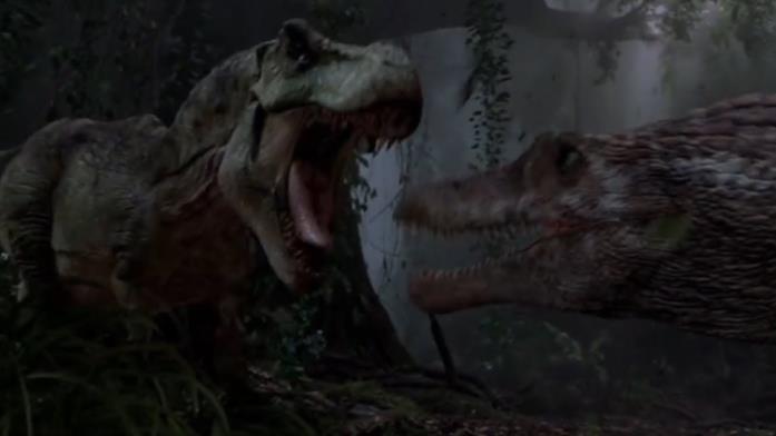 Il Tirannosauro in lotta con lo Spinosauro Una scena di Jurassic Park III con il combattimento tra il T-Rex e lo Spinosauro