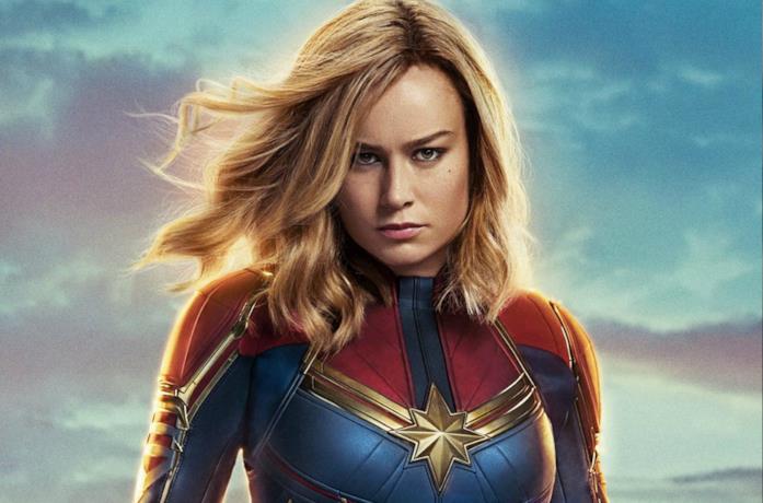 Un primo piano di Brie Larson come Captain Marvel