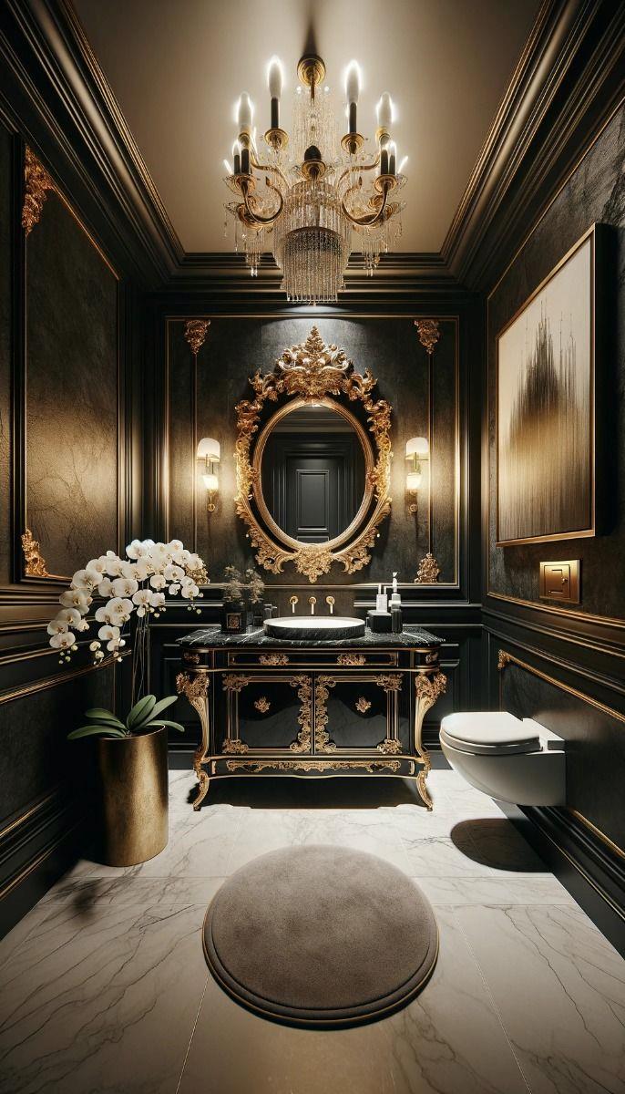 Bagno con specchiera intarsiata e mobile vintage bombato