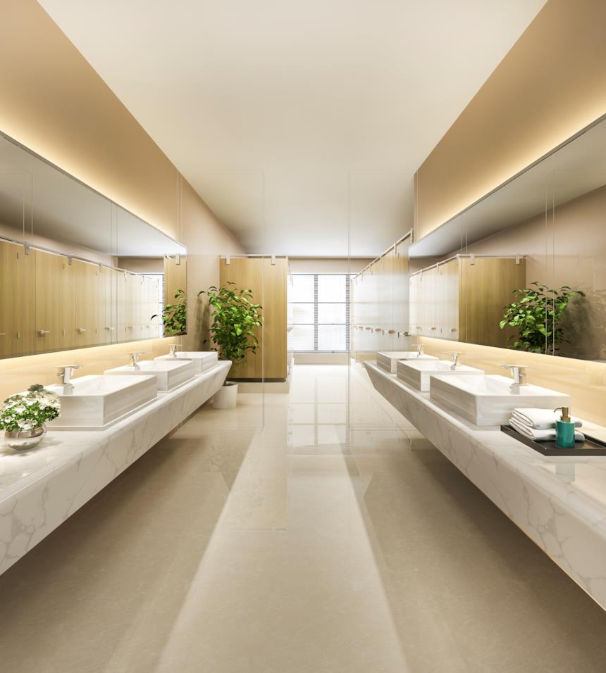 Bagno pubblico con due fila di lavelli con specchio 