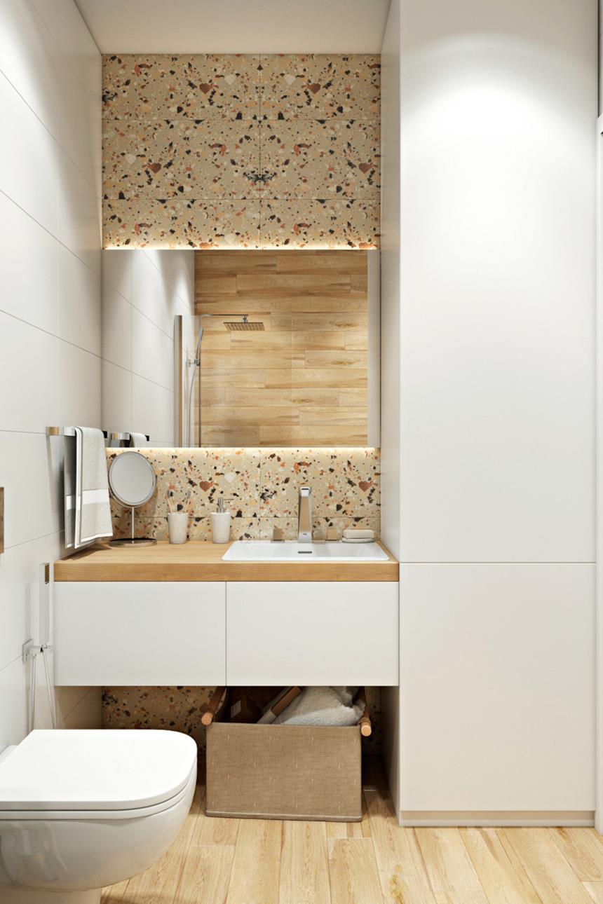 Bagno con parquet e piastrelle bianche 