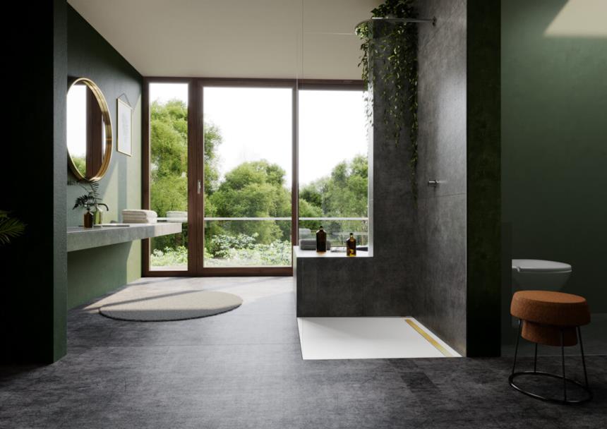 Piatto doccia Nexsys Kaldewei bianco in un bagno grigio