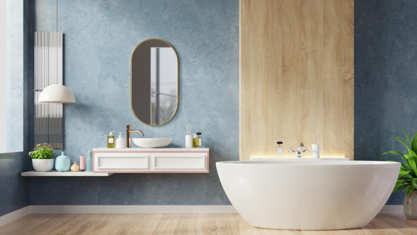 Bagno mediterraneo con pavimento in gres porcellanato effetto legno 