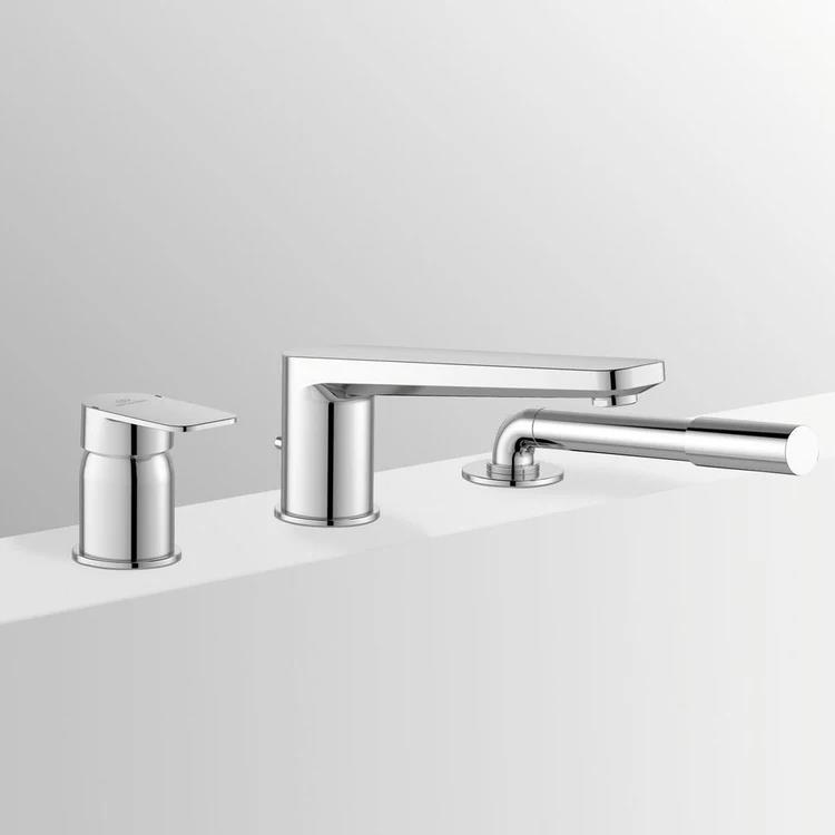 Gruppo bordo vasca a 3 fori, bocca d’erogazione con deviatore integrato