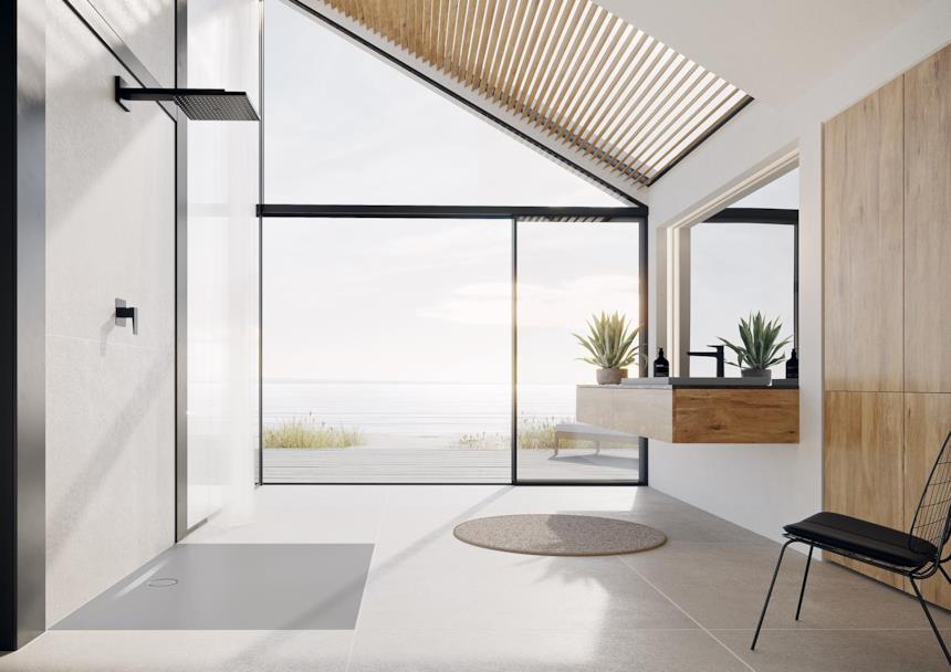 Ambientazione con piatto doccia filo pavimento Kaldewei Superplan Zero grigio