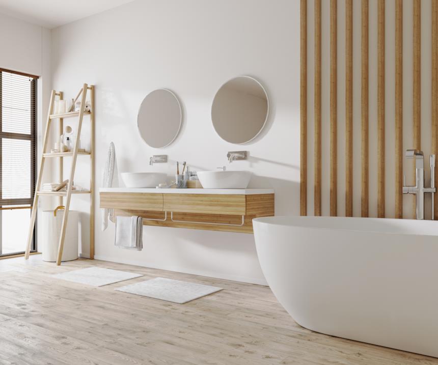 Bagno con mobile portalavabo sospeso in legno 