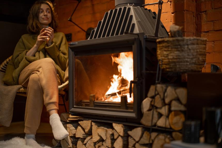 Donna si rilassa vicino a una stufa a legna accesa 