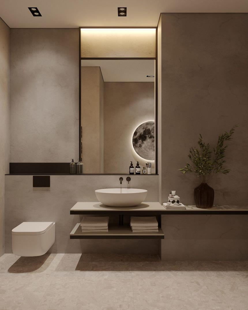 Bagno beige con arredi moderni