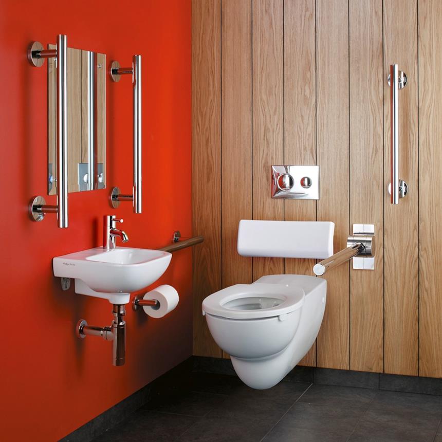 Bagno per disabili con cuscinetto poggia schiena, maniglione di sicurezza e lavabo disabili