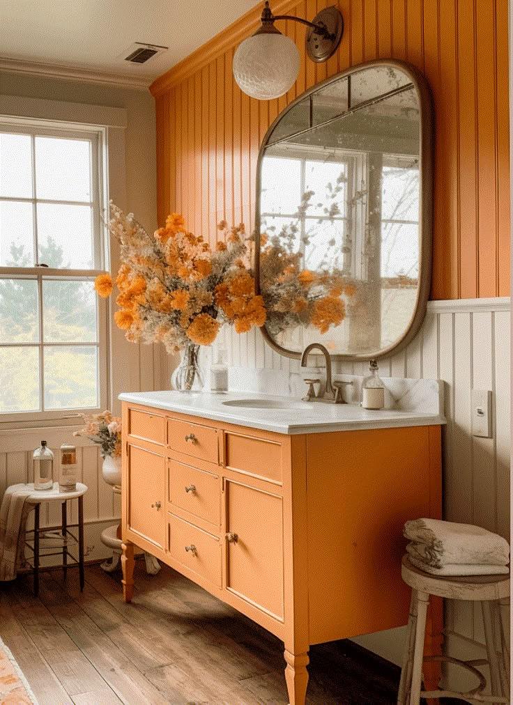 Bagno con mobile vintage arancione