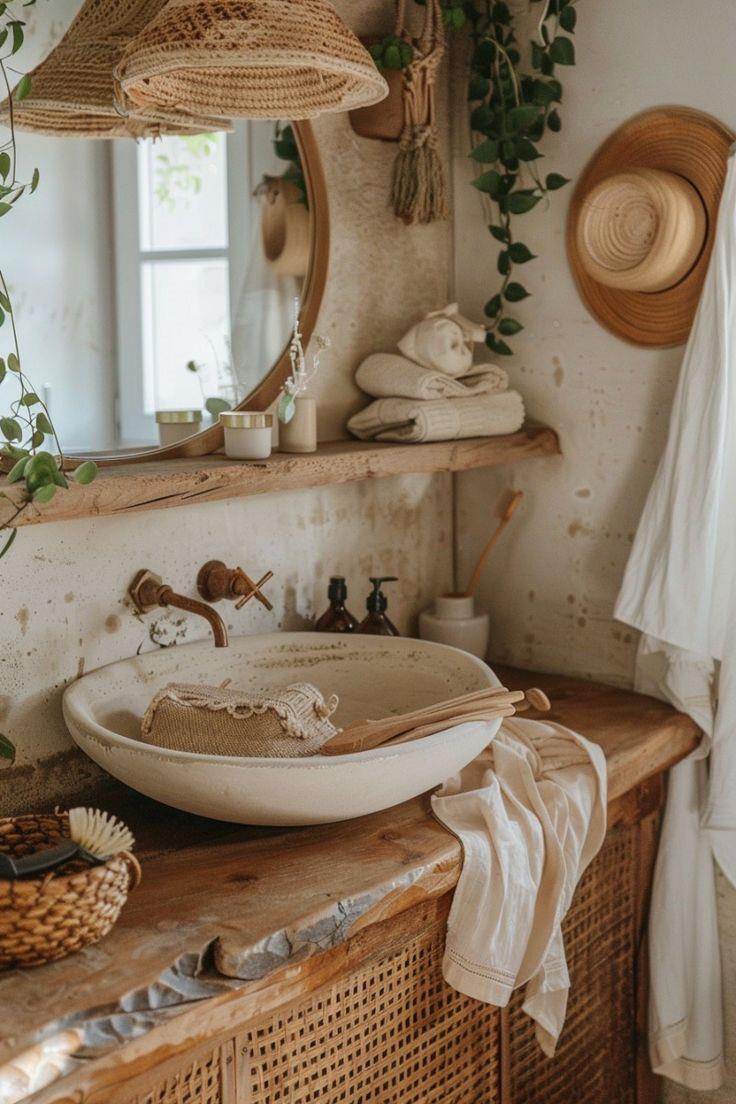 Bagno con console in pietra e mobile in legno 