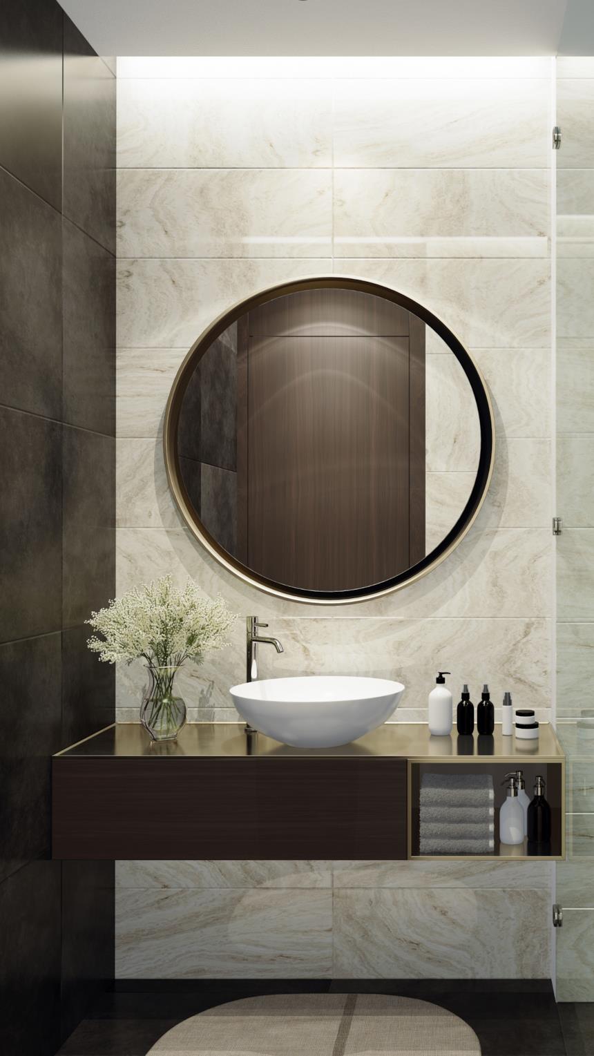 Mobile con lavabo da appoggio e specchio tondo