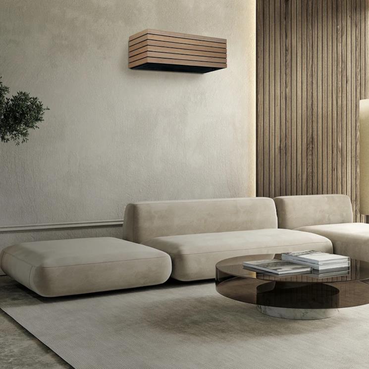 Living room con Toshiba Daisaikai 10 a parete WOOD