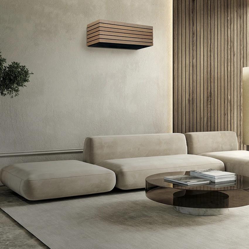 Living room con Toshiba Daisaikai 10 a parete WOOD