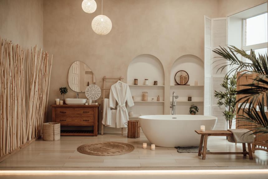 Bagno in legno stile coastal con vasca freestanding al lato e mobile in legno con lavabo da appoggio