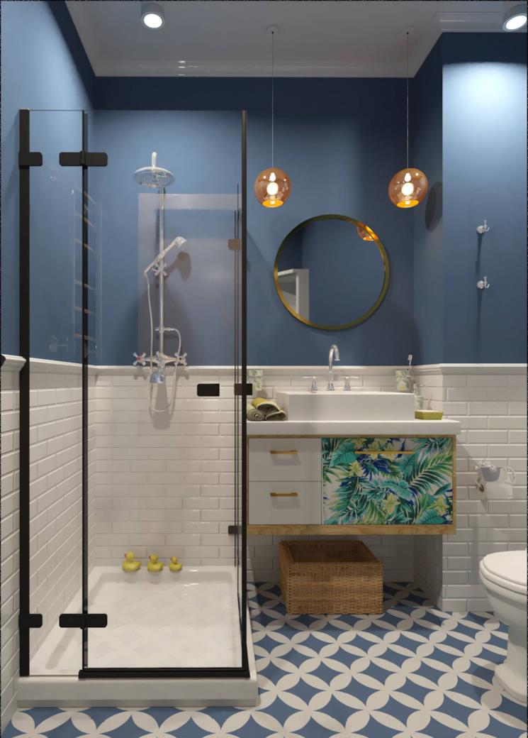 Bagno blu con pavimento geometrico