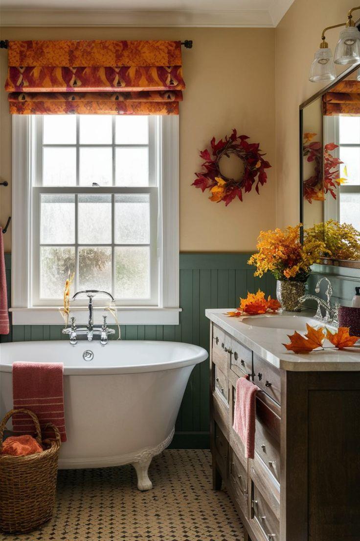 Bagno con mobile in legno, foglie e vasca freestanding