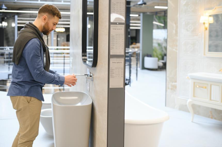 Un uomo si lava le mani in un rubinetto freestanding 