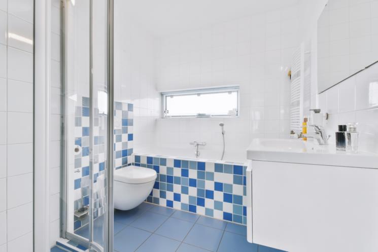 Bagno con pavimento blu e parete a piastrelle bianche e blu 
