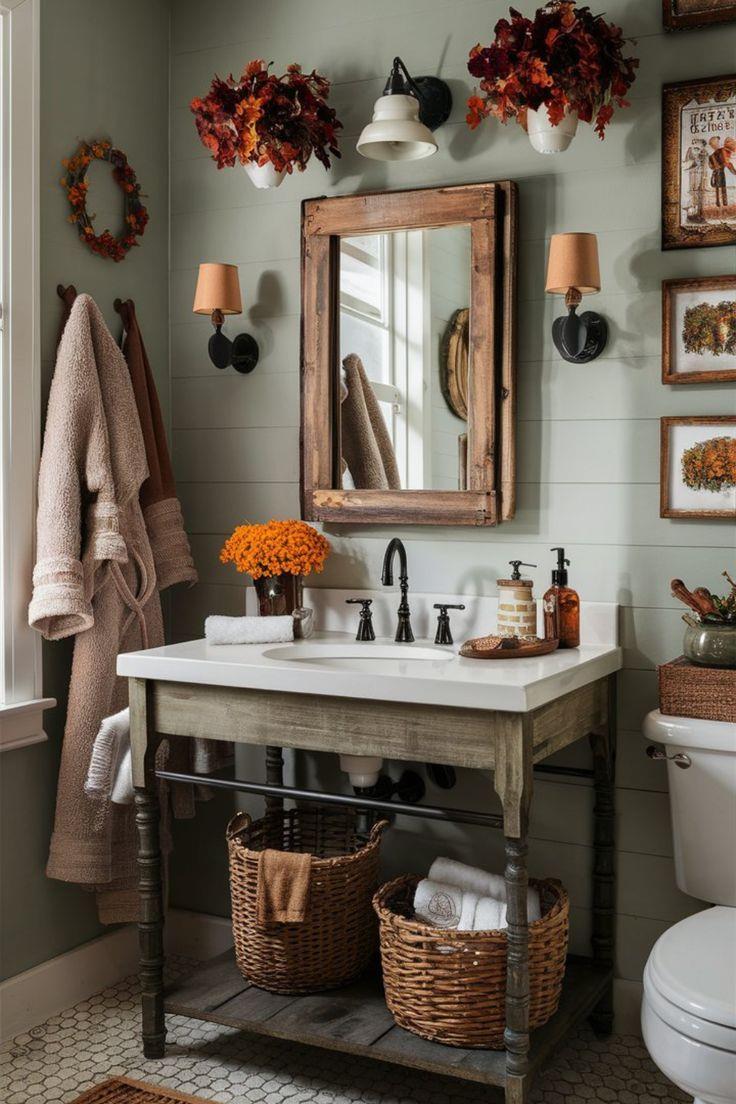 Bagno con mobile portalavabo in legno retrò