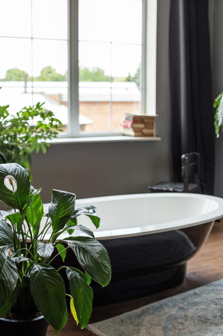 Vasca freestanding scura vicino a una finestra 