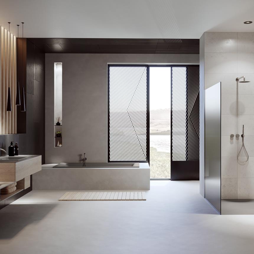 Bagno minimal colori neutri con doccia