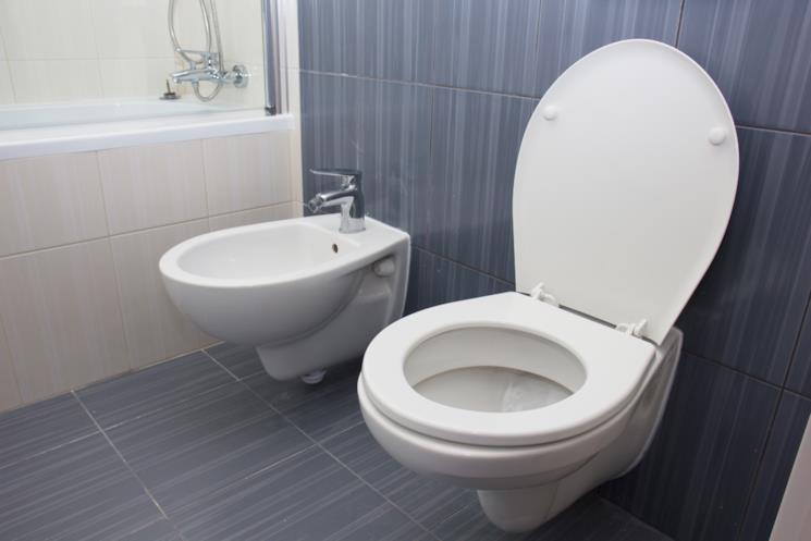 Water e bidet in un bagno con piastrelle grige