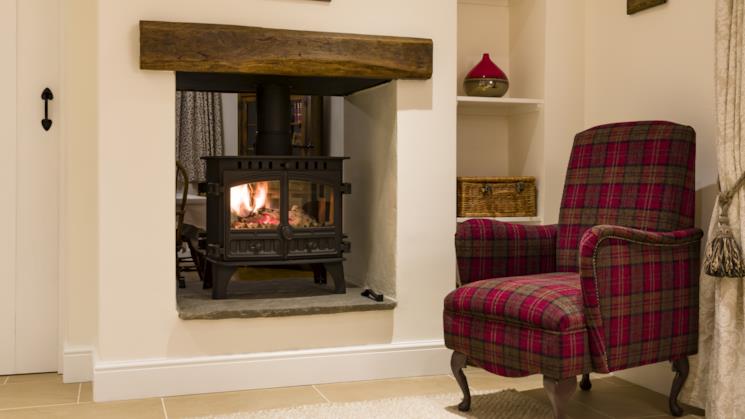 Stufa a legna collocata nello spazio del caminetto in una sala