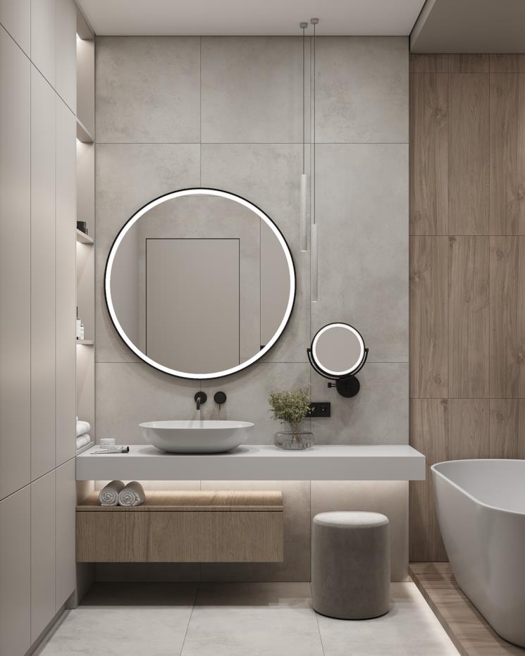 Bagno illuminato con faretti led e specchio con illuminazione incorporata
