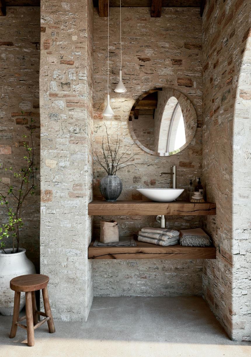 Bagno rustico legno e pietra 