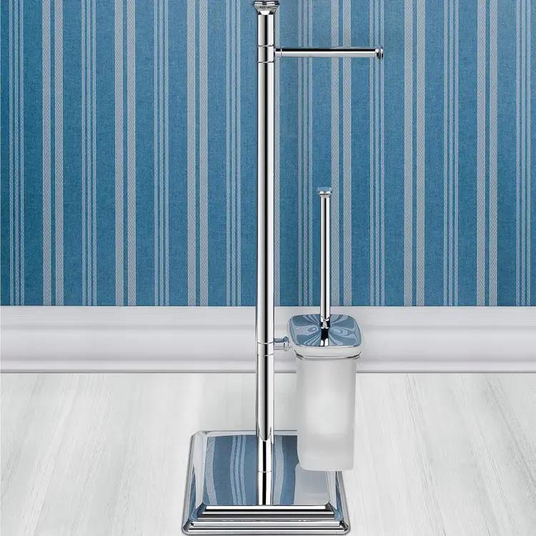  Piantana con porta rotolo e porta scopino, finitura cromo