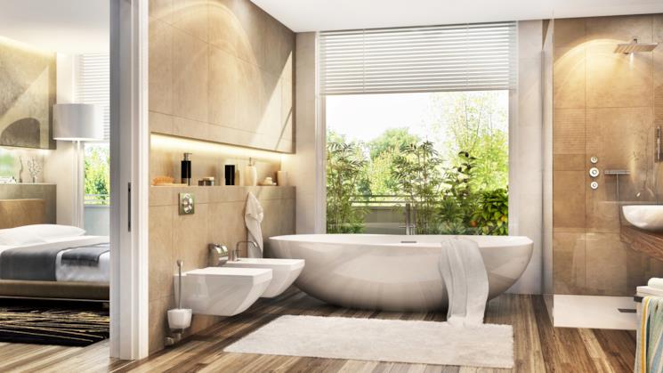 Bagno elegante e moderno con parquet
