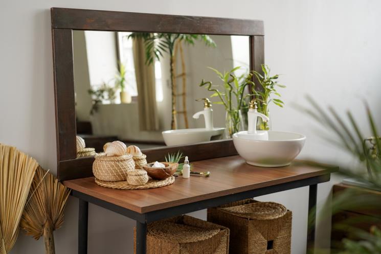 Mobile portalavabo in legno e ferro con lavandino da appoggio