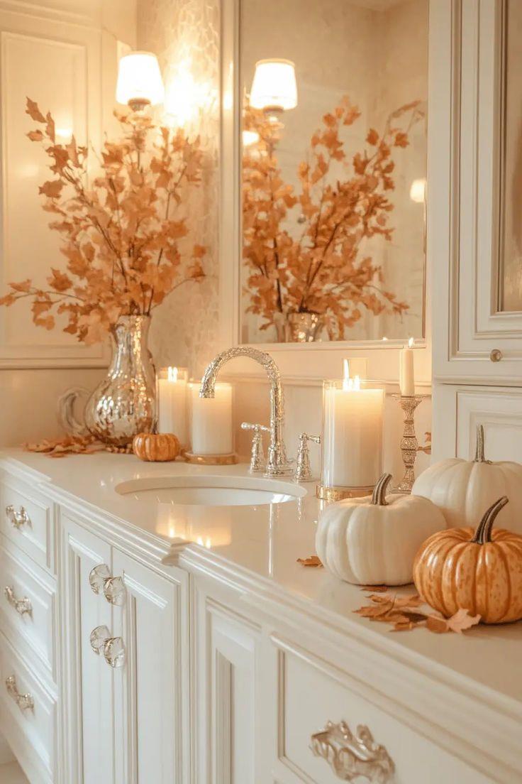 Bagno con mobile portalavabo bianco e foglie come decoro