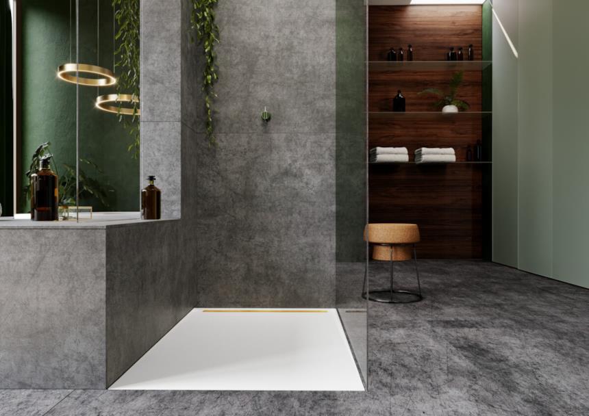 Piatto doccia Nexsys Kaldewei inserito in un bagno grigio