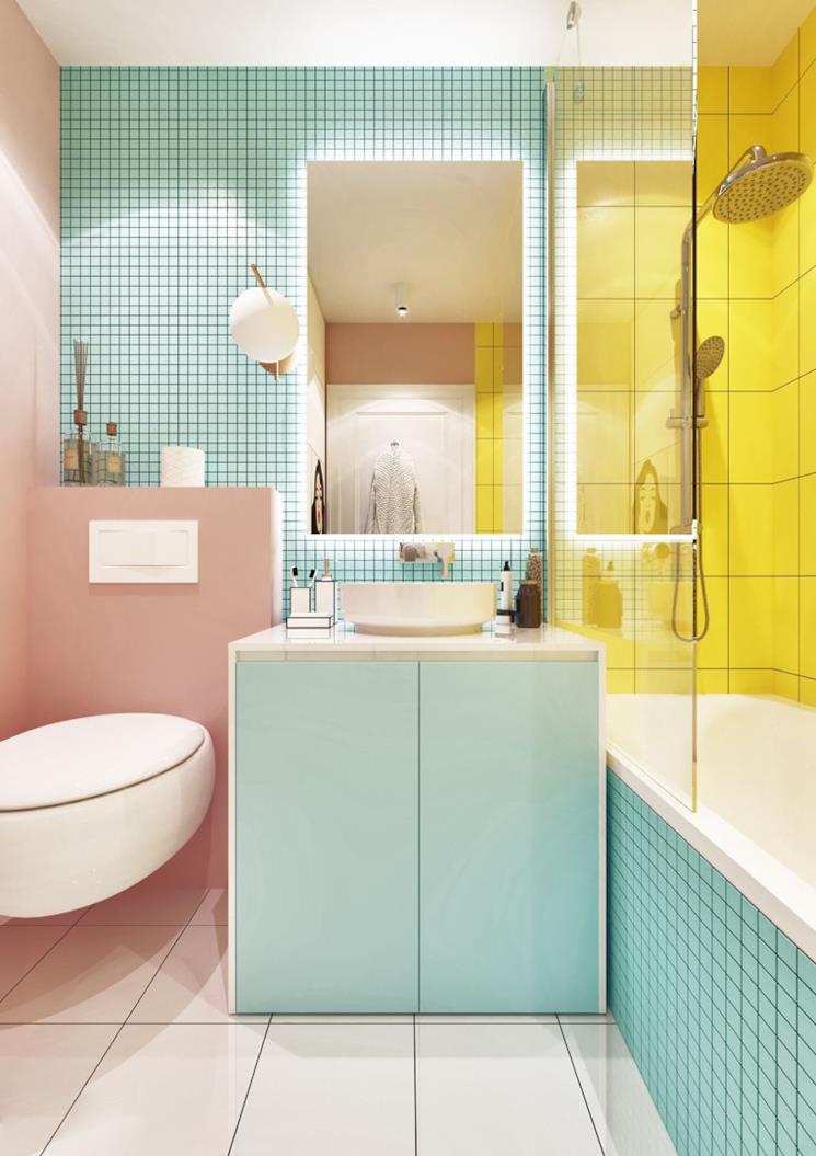 Bagno colorato verde, rosa e giallo pastello