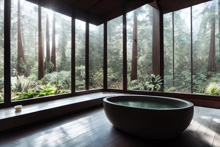 Vasca freestanding nera al centro di una stanza con parquet e vetrate sulla natura