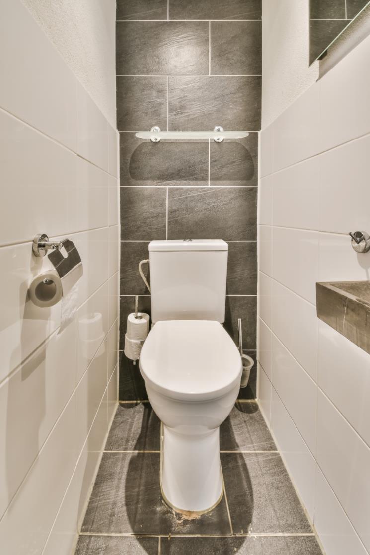 WC monoblocco in bagno con pareti bianche e grigie 