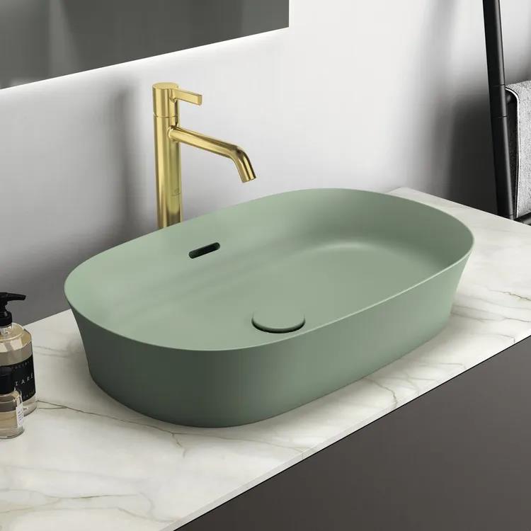 Lavabo da appoggio 60 cm con troppopieno, colore salvia finitura opaco 