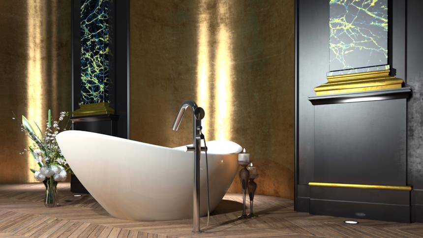 Bagno con parquet a spina di pesce chiaro